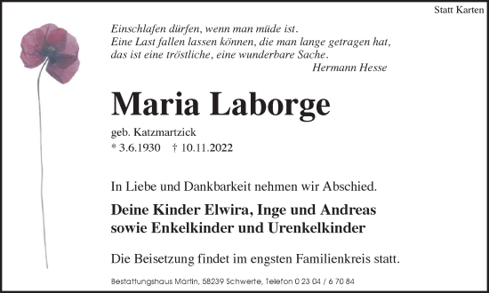Traueranzeige von Maria Laborge von Ruhr Nachrichten