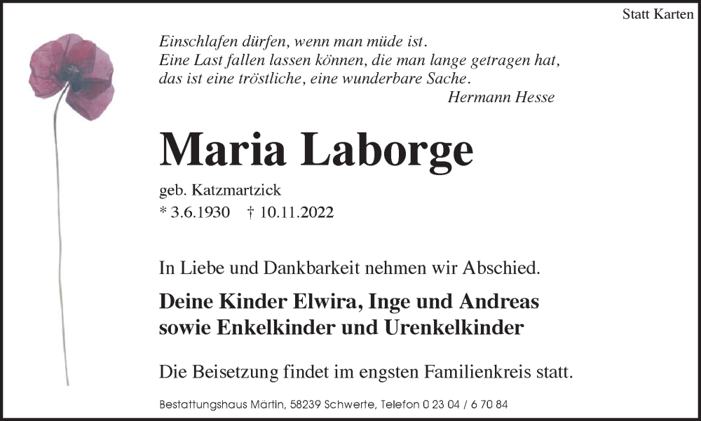  Traueranzeige für Maria Laborge vom 16.11.2022 aus Ruhr Nachrichten