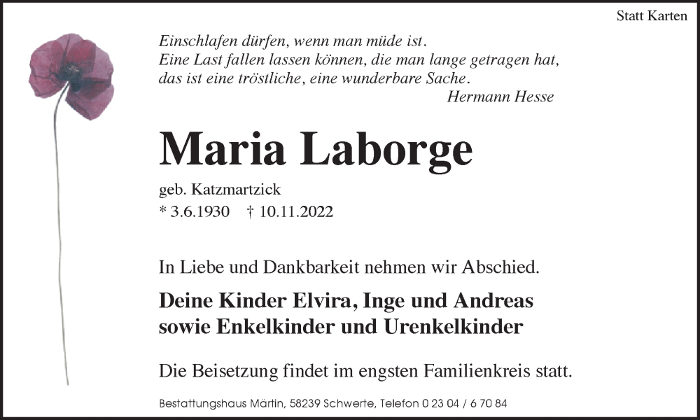  Traueranzeige für Maria Laborge vom 19.11.2022 aus Ruhr Nachrichten