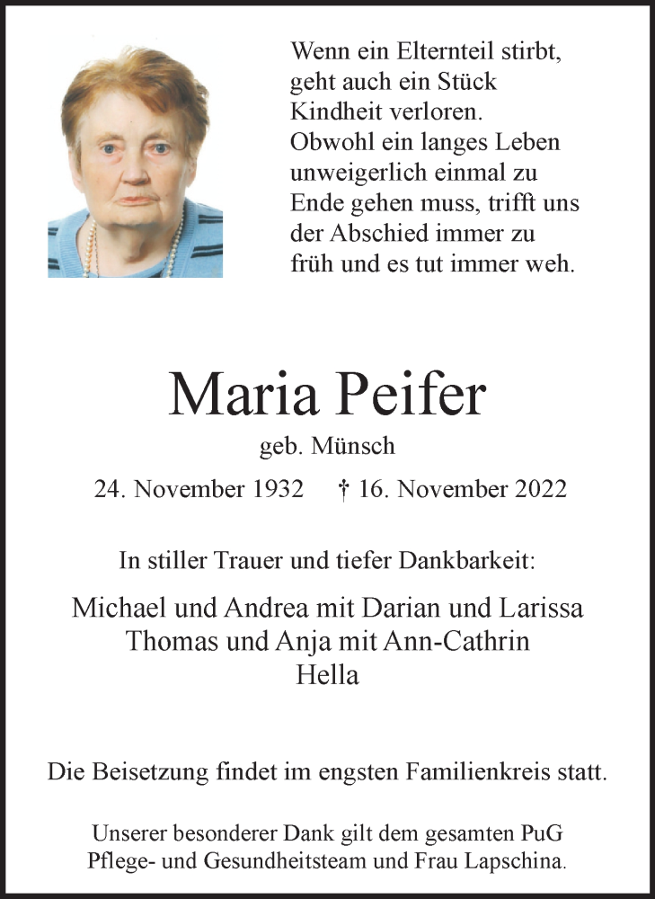  Traueranzeige für Maria Peifer vom 23.11.2022 aus Ruhr Nachrichten und Halterner Zeitung