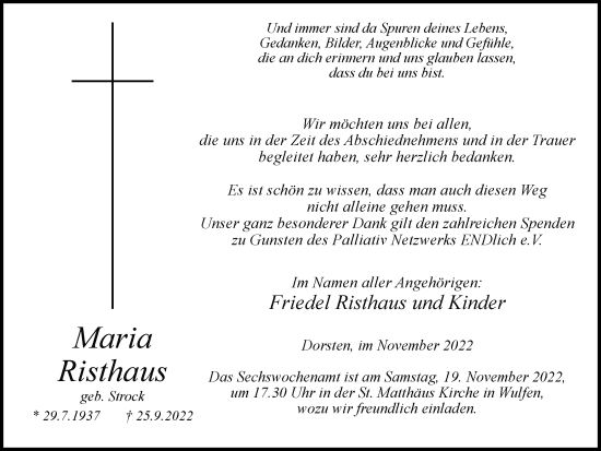 Traueranzeige von Maria Risthaus von Ruhr Nachrichten und Dorstener Zeitung