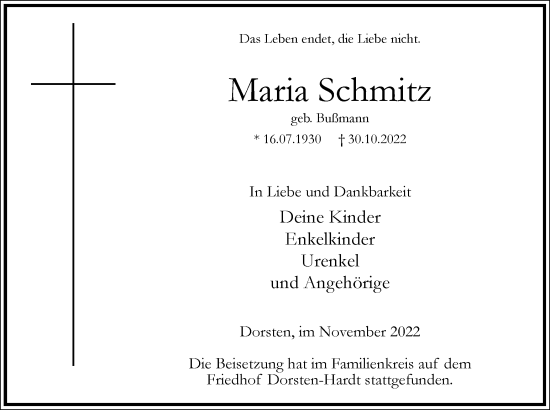 Traueranzeige von Maria Schmitz von Ruhr Nachrichten und Dorstener Zeitung