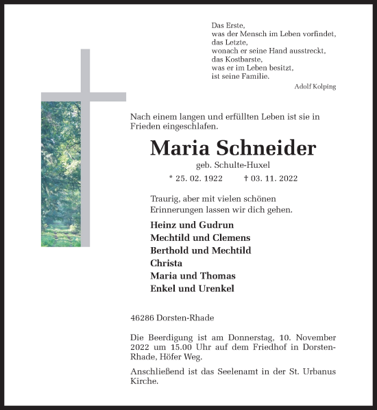 Traueranzeige von Maria Schneider von Ruhr Nachrichten und Dorstener Zeitung