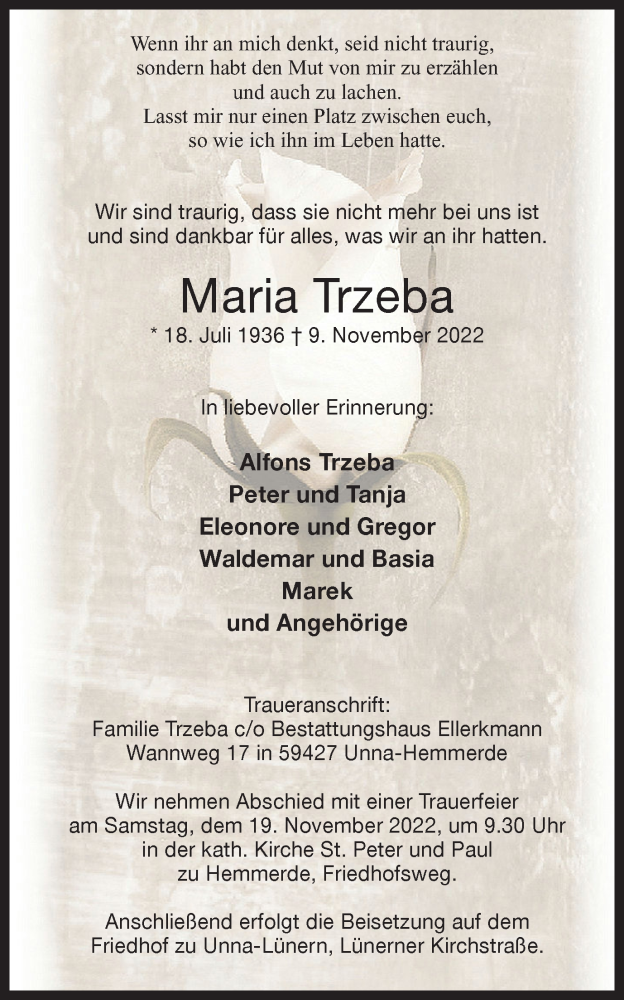  Traueranzeige für Maria Trzeba vom 15.11.2022 aus Hellweger Anzeiger
