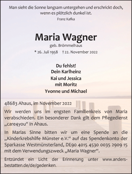 Traueranzeige von Maria Wagner von Münstersche Zeitung und Münsterland Zeitung