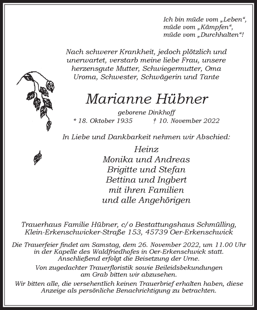  Traueranzeige für Marianne Hübner vom 19.11.2022 aus Medienhaus Bauer