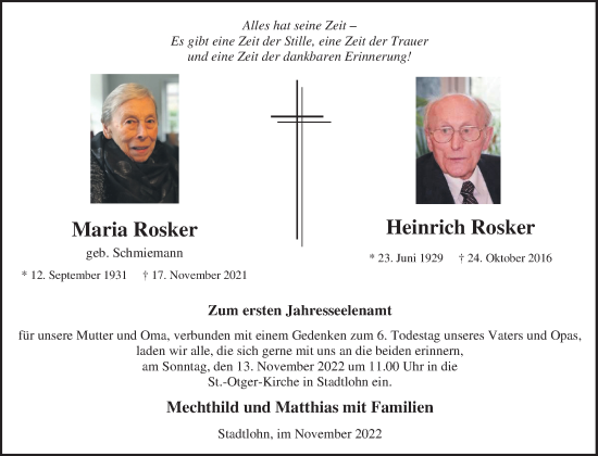 Traueranzeige von Maria und Heinrich Rosker von Münstersche Zeitung und Münsterland Zeitung