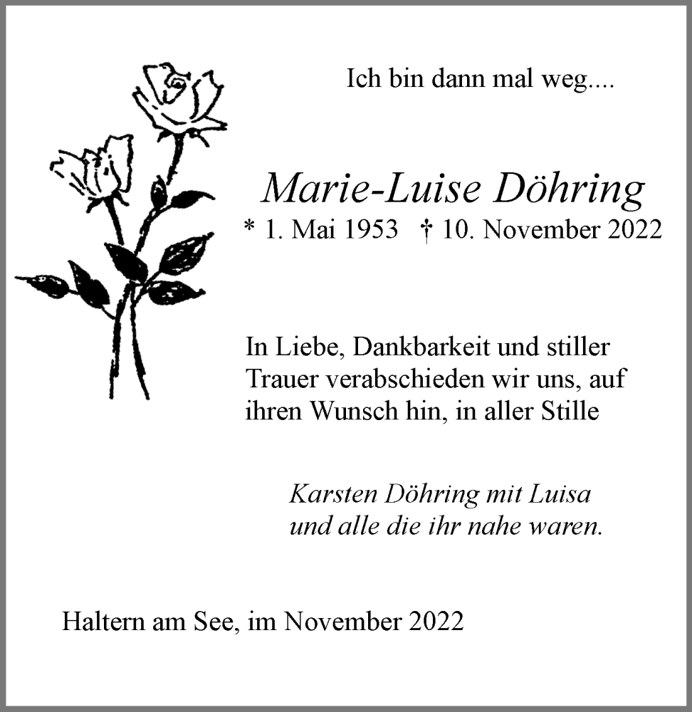  Traueranzeige für Marie-Luise Döhring vom 16.11.2022 aus Ruhr Nachrichten und Halterner Zeitung