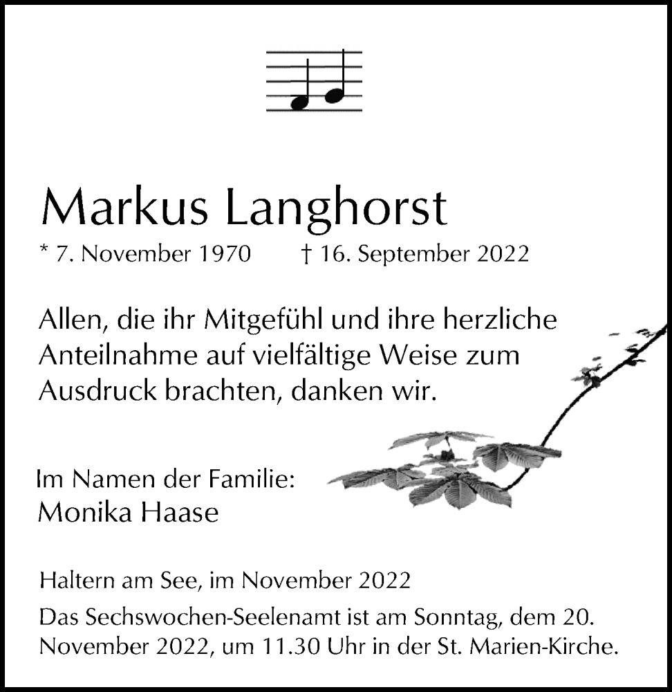  Traueranzeige für Markus Langhorst vom 12.11.2022 aus Ruhr Nachrichten und Halterner Zeitung