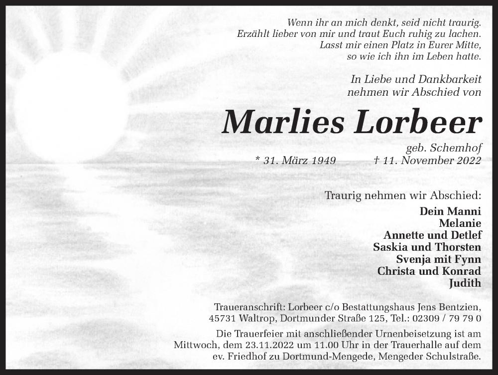  Traueranzeige für Marlies Lorbeer vom 19.11.2022 aus 
