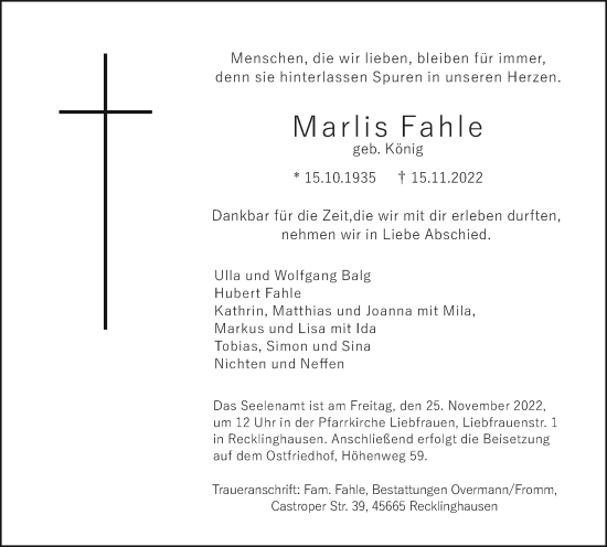 Traueranzeige von Marlis Fahle von Medienhaus Bauer