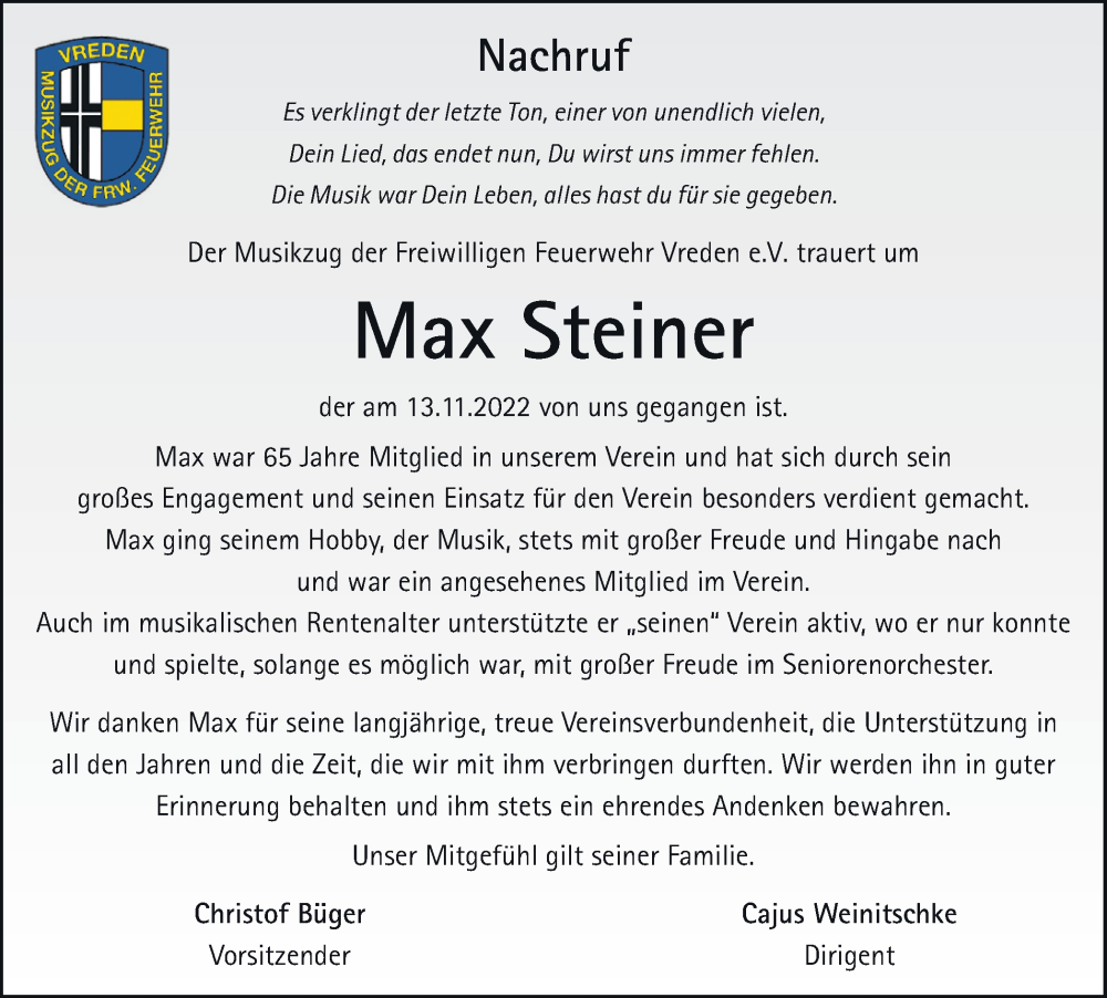  Traueranzeige für Max Steiner vom 24.11.2022 aus Münstersche Zeitung und Münsterland Zeitung