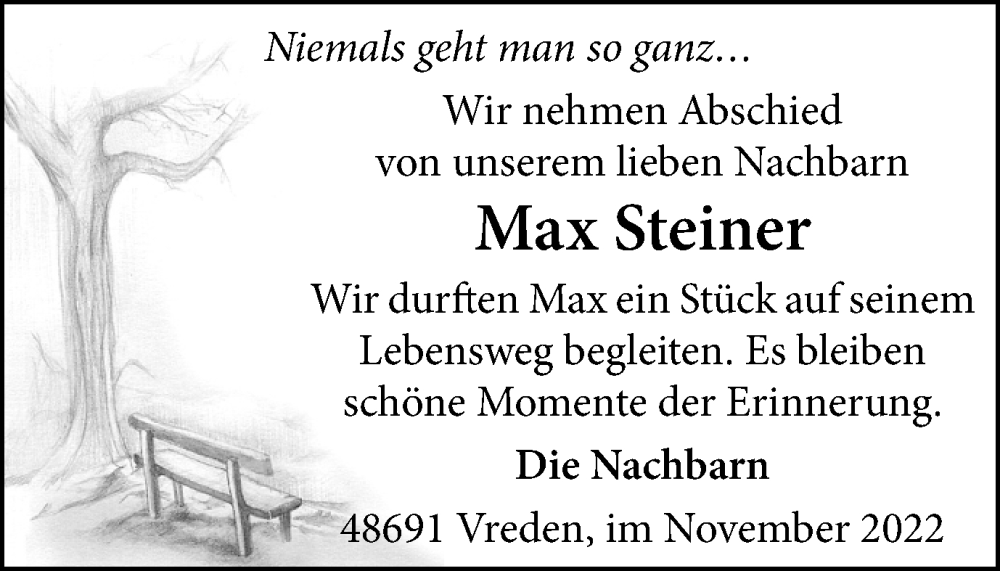  Traueranzeige für Max Steiner vom 19.11.2022 aus Münstersche Zeitung und Münsterland Zeitung