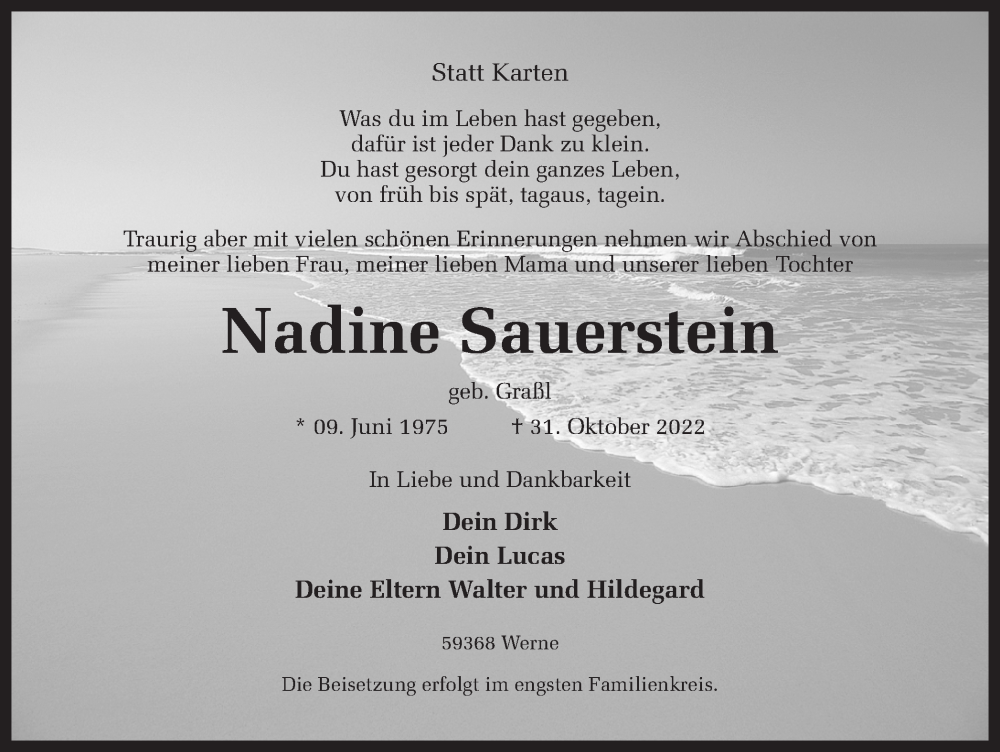  Traueranzeige für Nadine Sauerstein vom 05.11.2022 aus Ruhr Nachrichten