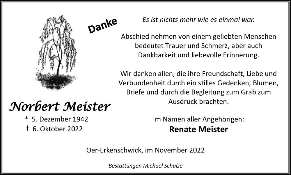  Traueranzeige für Norbert Meister vom 19.11.2022 aus Medienhaus Bauer