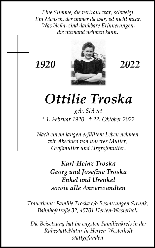  Traueranzeige für Ottilie Troska vom 30.11.2022 aus Medienhaus Bauer