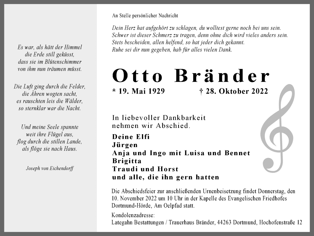  Traueranzeige für Otto Bränder vom 05.11.2022 aus 