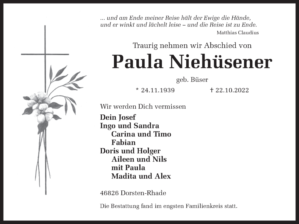  Traueranzeige für Paula Niehüsener vom 01.11.2022 aus Ruhr Nachrichten und Dorstener Zeitung