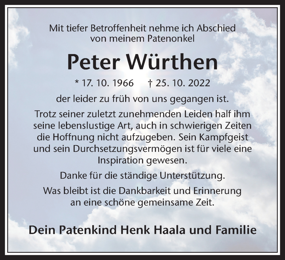  Traueranzeige für Peter Würthen vom 24.11.2022 aus Medienhaus Bauer