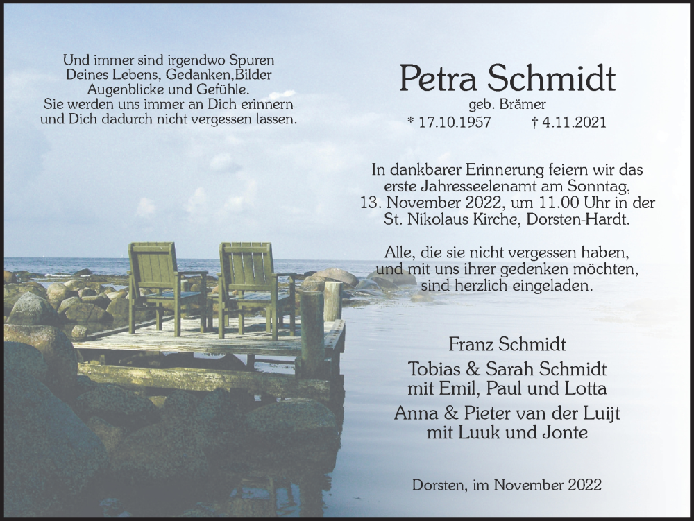  Traueranzeige für Petra Schmidt vom 05.11.2022 aus Ruhr Nachrichten und Dorstener Zeitung
