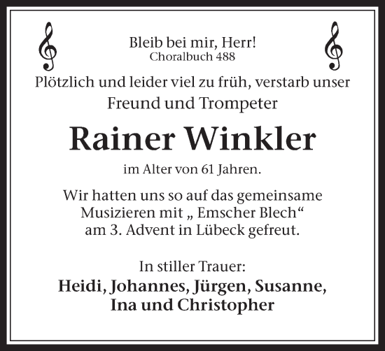 Traueranzeige von Rainer Winkler von Medienhaus Bauer
