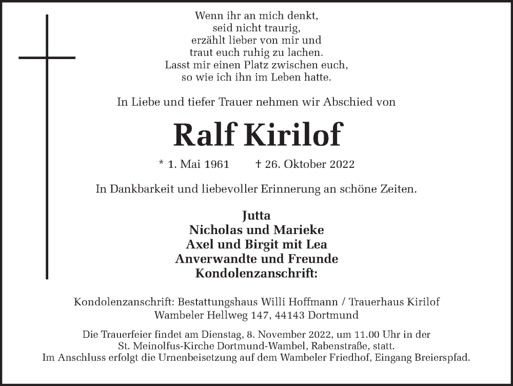  Traueranzeige für Ralf Kirilof vom 05.11.2022 aus 