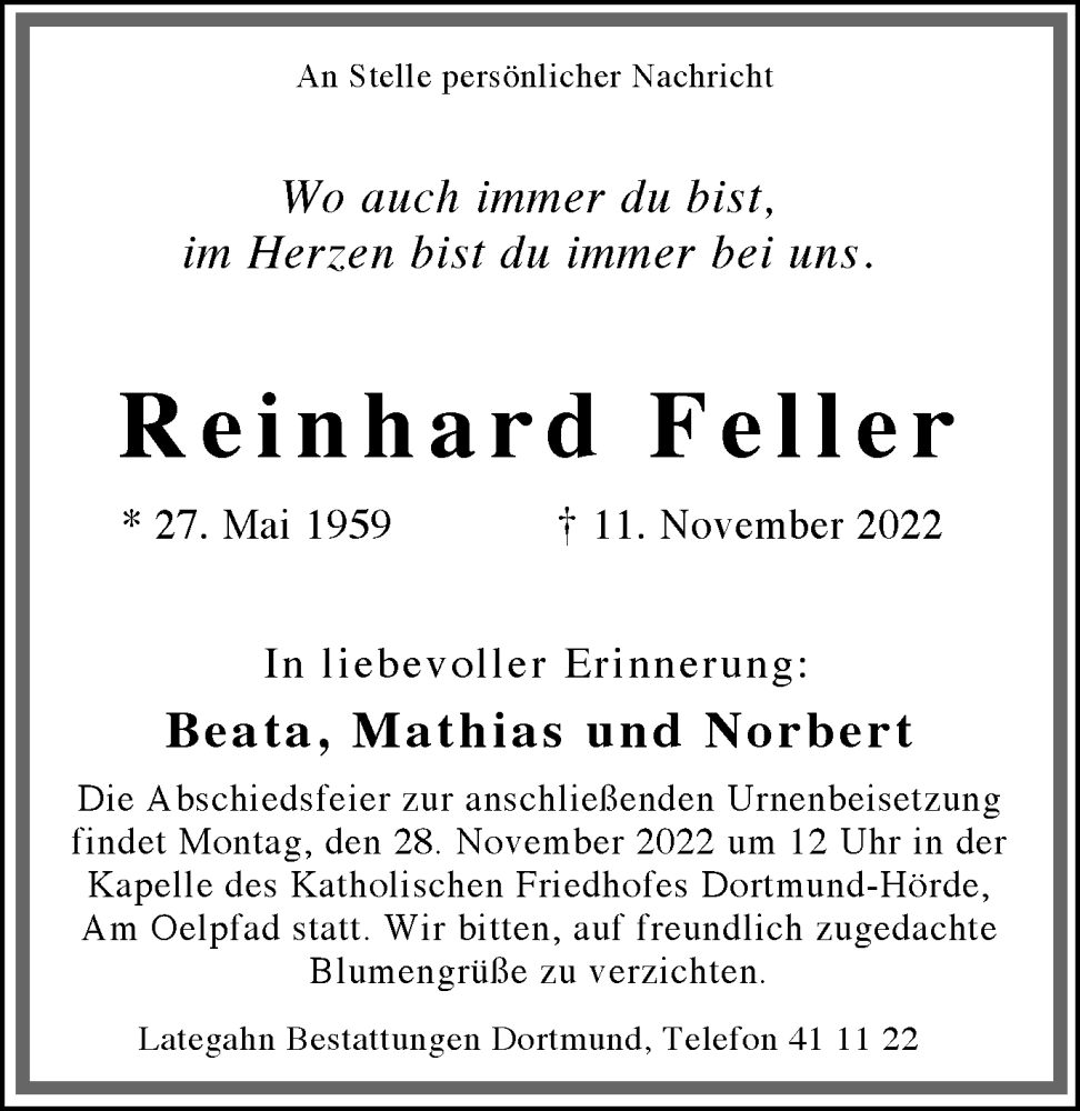  Traueranzeige für Reinhard Feller vom 23.11.2022 aus 