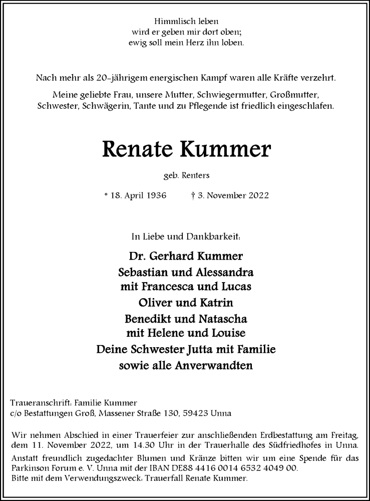  Traueranzeige für Renate Kummer vom 05.11.2022 aus Hellweger Anzeiger
