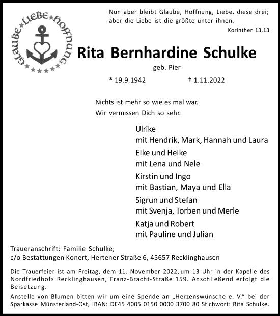 Traueranzeige von Rita Bernhardine Schulke von Ruhr Nachrichten und Halterner Zeitung