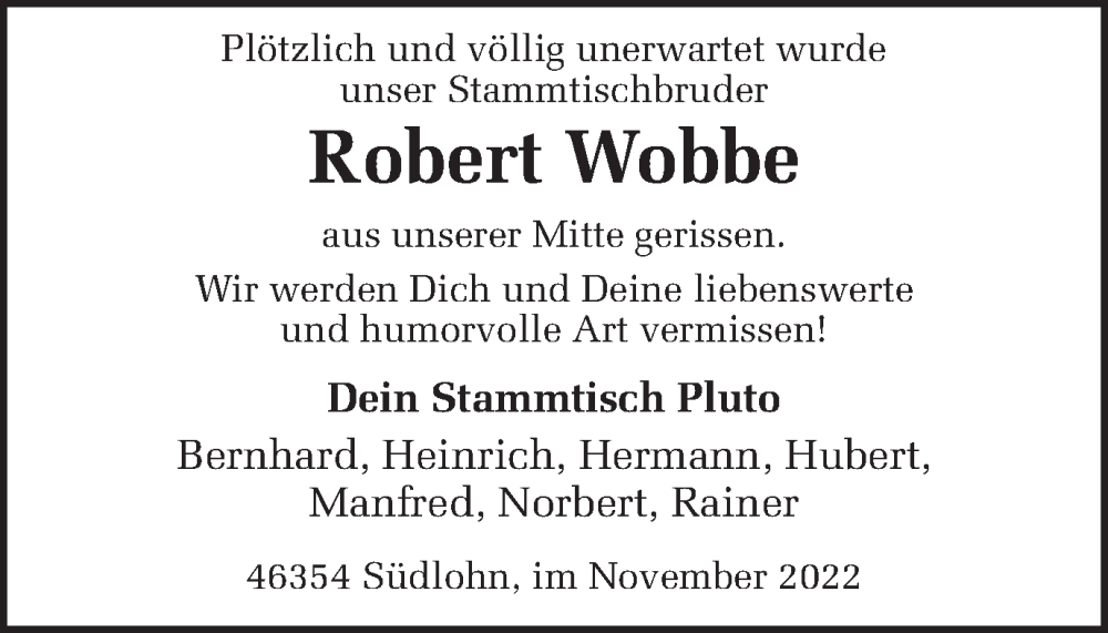 Traueranzeige für Robert Wobbe vom 17.11.2022 aus Münstersche Zeitung und Münsterland Zeitung