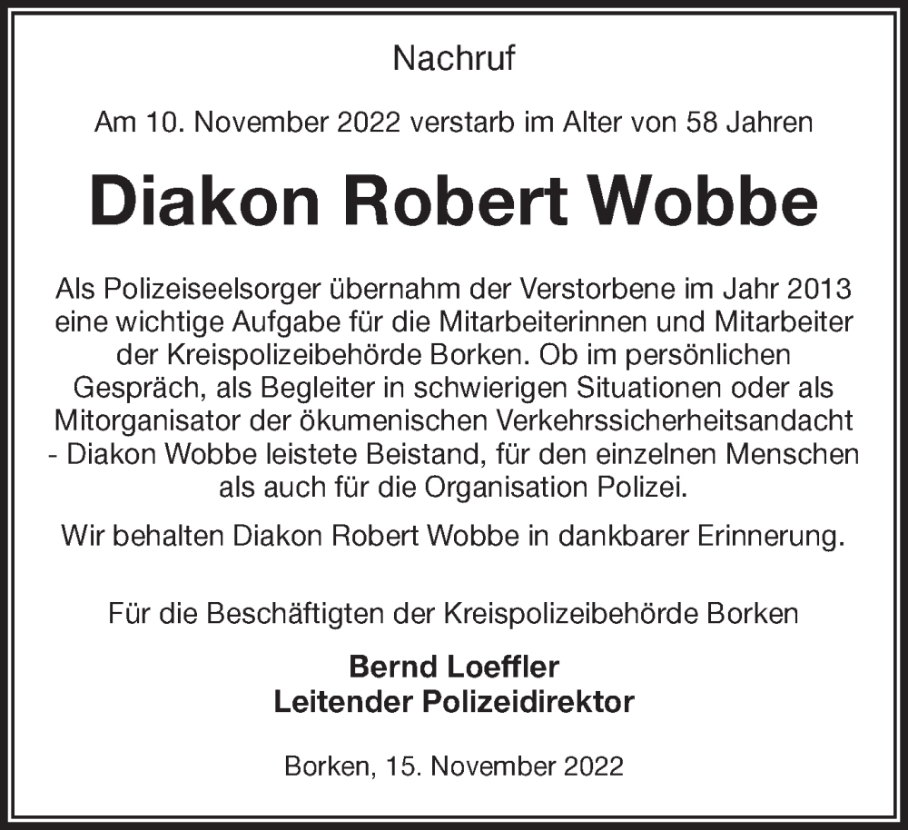  Traueranzeige für Robert Wobbe vom 16.11.2022 aus Münstersche Zeitung und Münsterland Zeitung