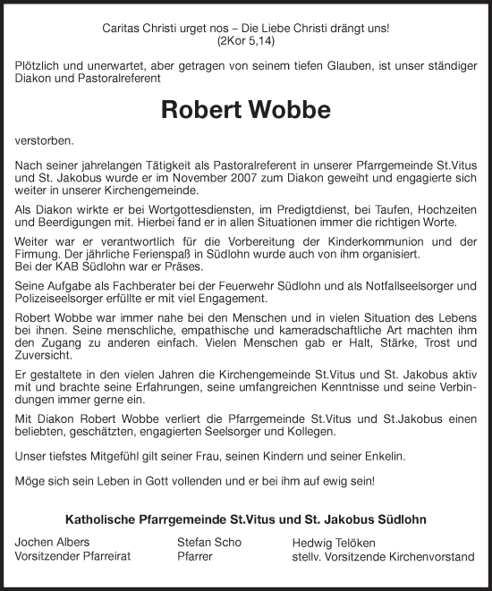 Traueranzeige von Robert Wobbe von Münstersche Zeitung und Münsterland Zeitung