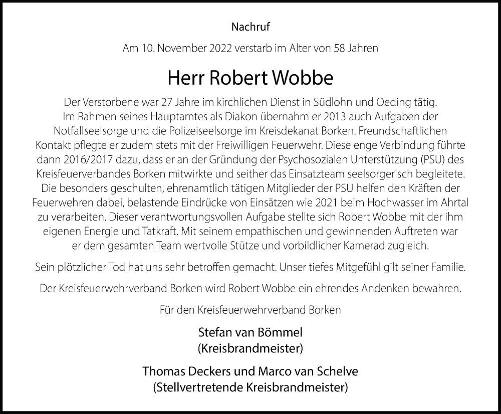  Traueranzeige für Robert Wobbe vom 19.11.2022 aus Münstersche Zeitung und Münsterland Zeitung