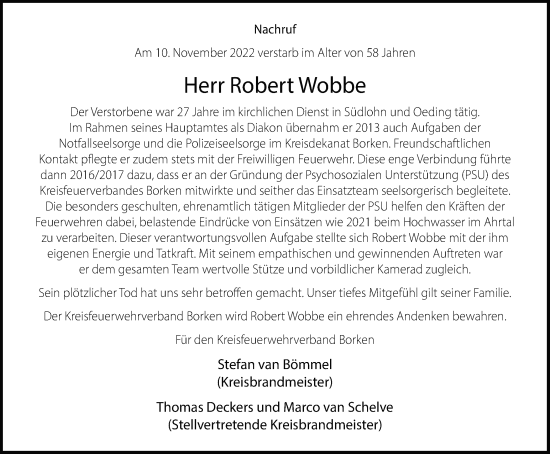 Traueranzeige von Robert Wobbe von Münstersche Zeitung und Münsterland Zeitung