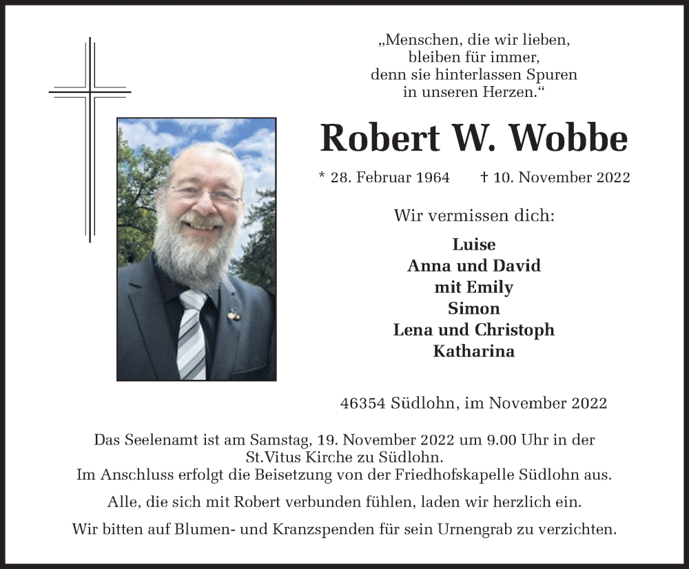  Traueranzeige für Robert W. Wobbe vom 16.11.2022 aus Münstersche Zeitung und Münsterland Zeitung