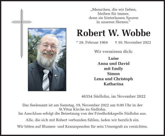 Traueranzeige von Robert W. Wobbe von Münstersche Zeitung und Münsterland Zeitung