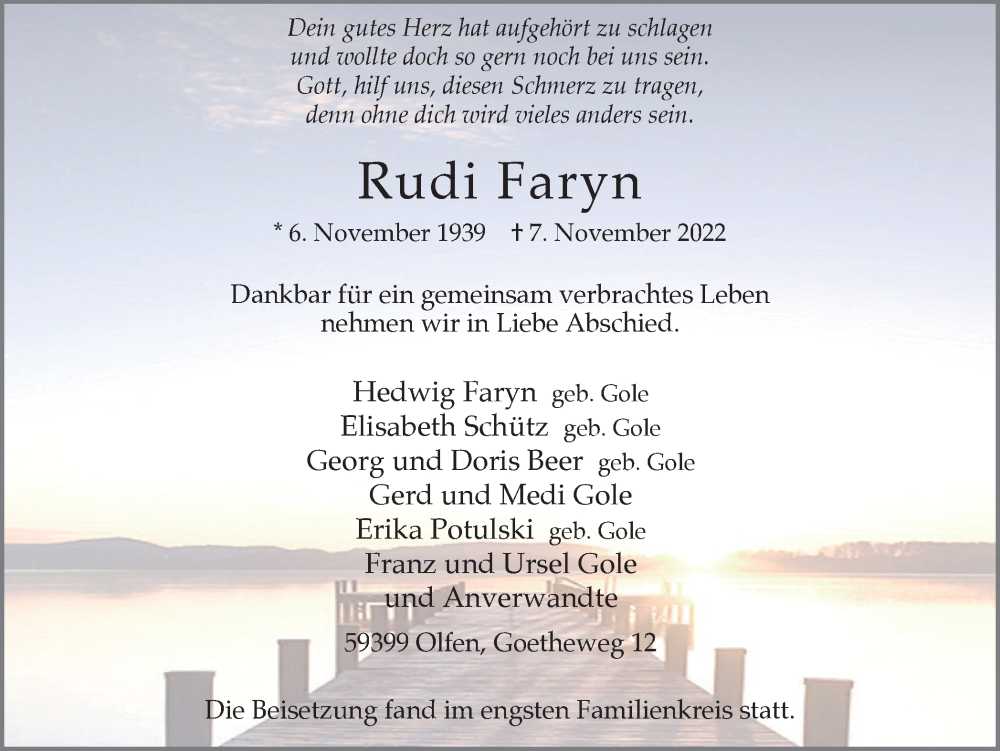  Traueranzeige für Rudi Faryn vom 19.11.2022 aus Ruhr Nachrichten