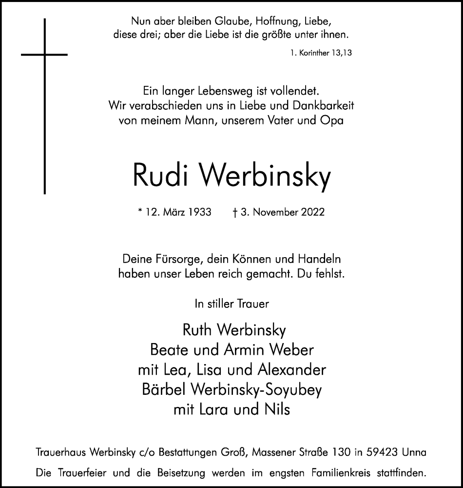  Traueranzeige für Rudi Werbinsky vom 12.11.2022 aus Hellweger Anzeiger