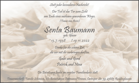 Traueranzeige von Senta Baumann von Medienhaus Bauer