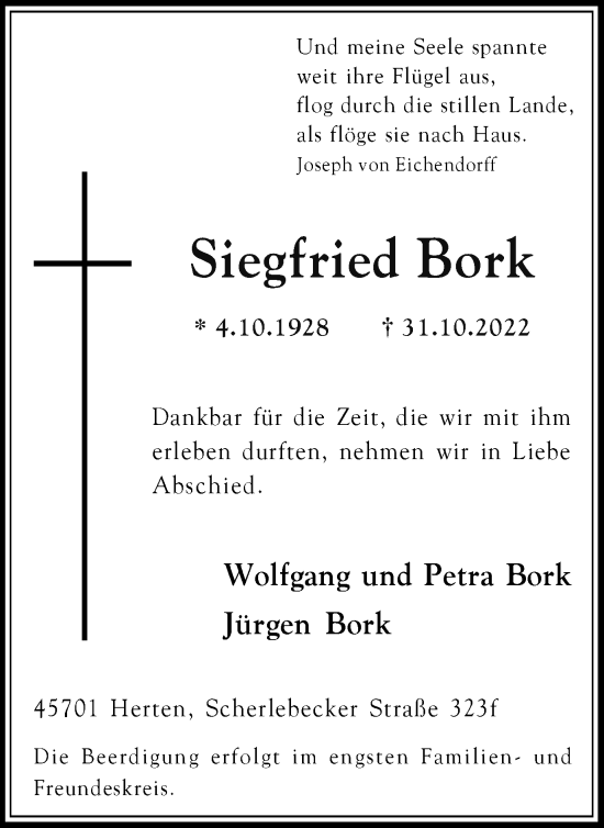 Traueranzeige von Siegfried Bork von Medienhaus Bauer