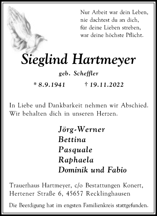 Traueranzeige von Sieglind Hartmeyer von Medienhaus Bauer