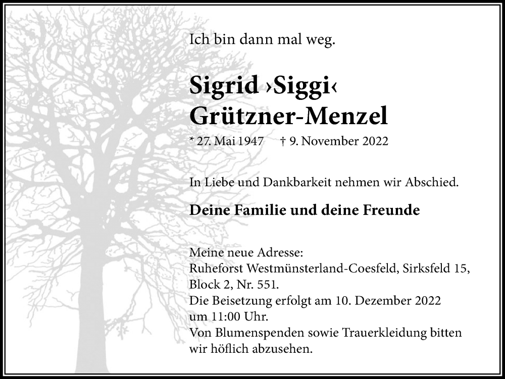  Traueranzeige für Sigrid Grützner-Menzel vom 26.11.2022 aus Medienhaus Bauer