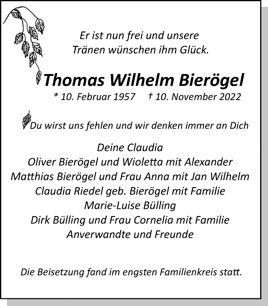  Traueranzeige für Thomas Wilhelm Bierögel vom 26.11.2022 aus 