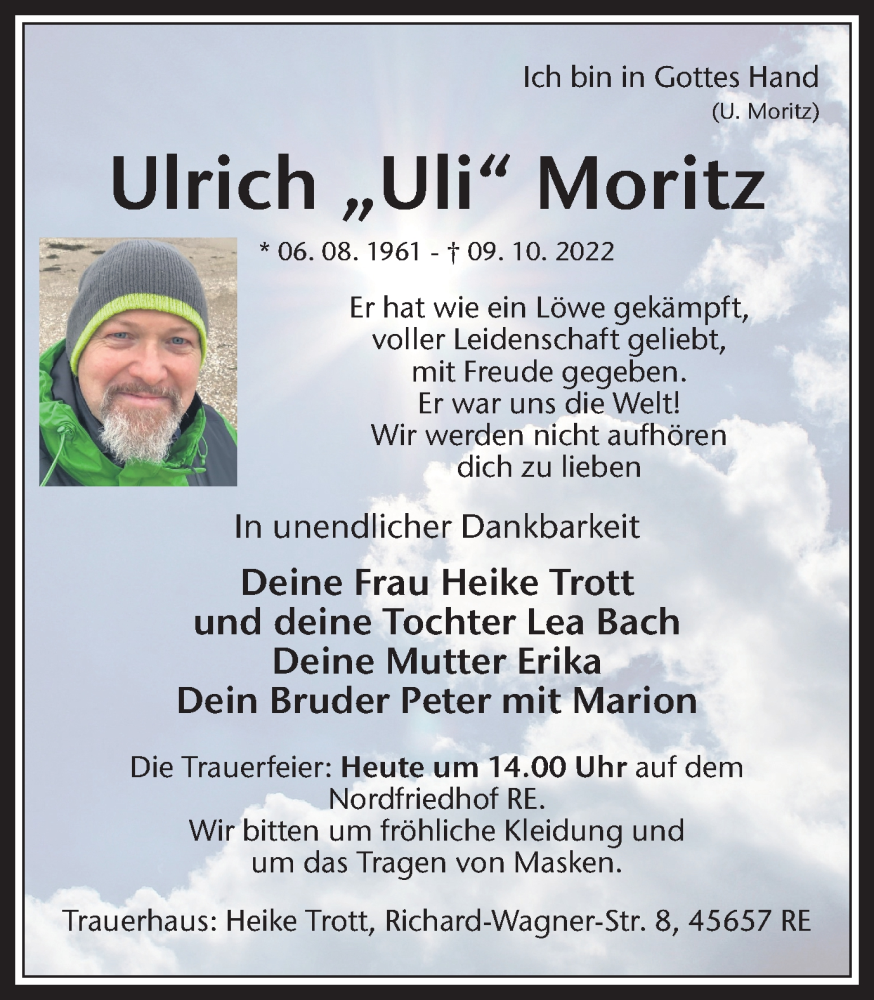  Traueranzeige für Ulrich Moritz vom 04.11.2022 aus Medienhaus Bauer