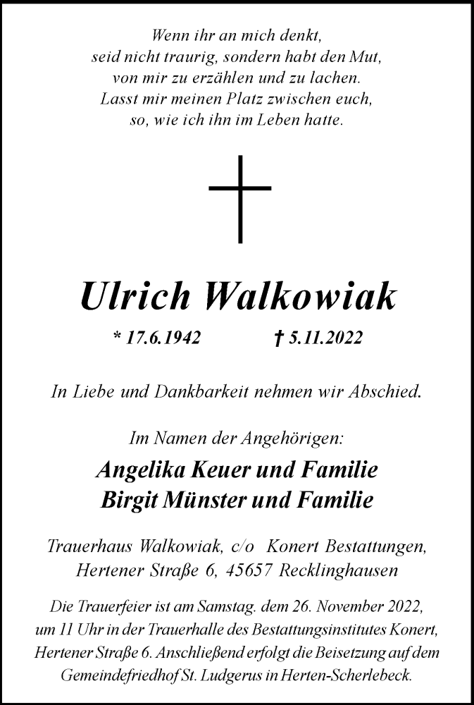  Traueranzeige für Ulrich Walkowiak vom 19.11.2022 aus Medienhaus Bauer
