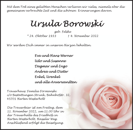 Traueranzeige von Ursula Borowski von Medienhaus Bauer