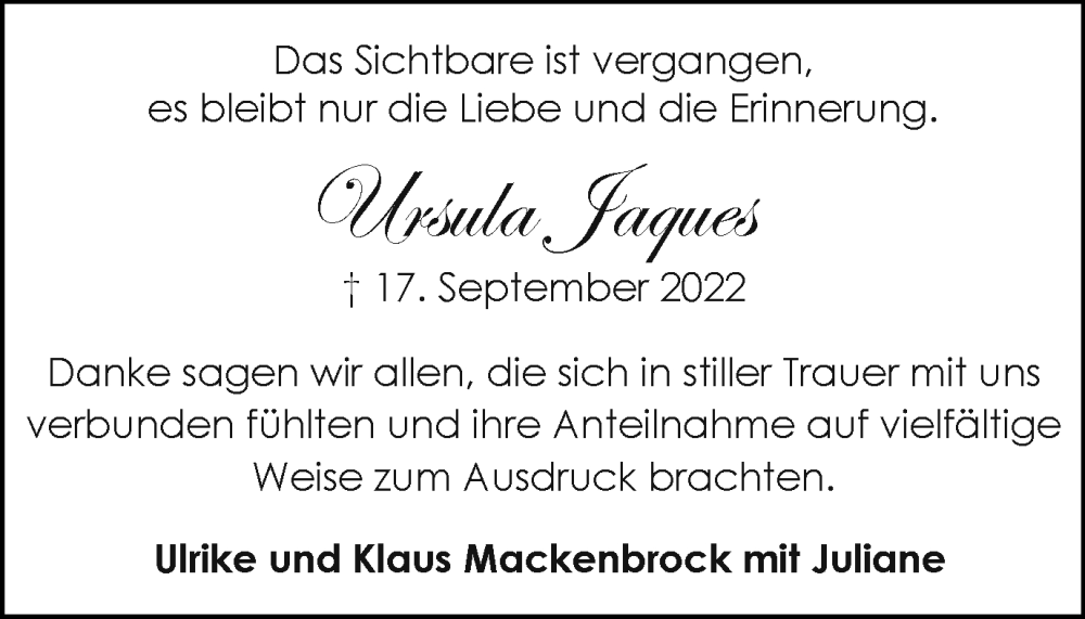  Traueranzeige für Ursula Jaques vom 09.11.2022 aus Hellweger Anzeiger