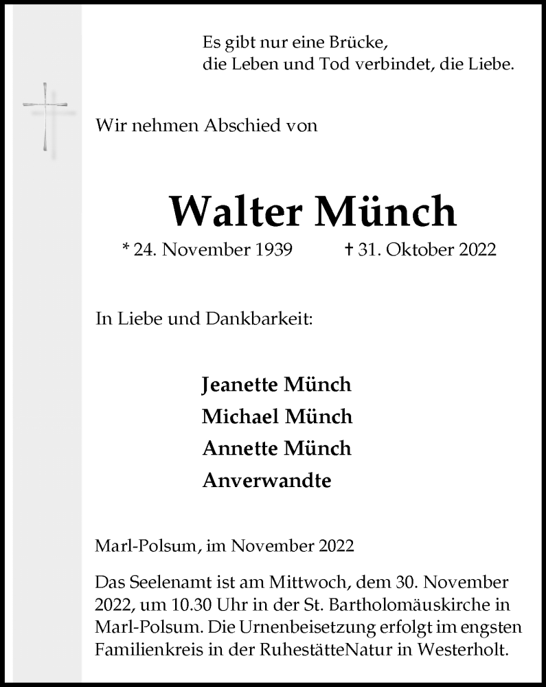  Traueranzeige für Walter Münch vom 25.11.2022 aus Medienhaus Bauer