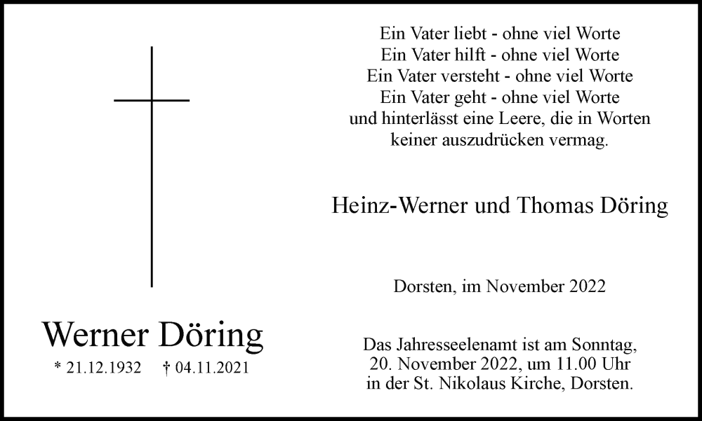  Traueranzeige für Werner Döring vom 12.11.2022 aus Ruhr Nachrichten und Dorstener Zeitung
