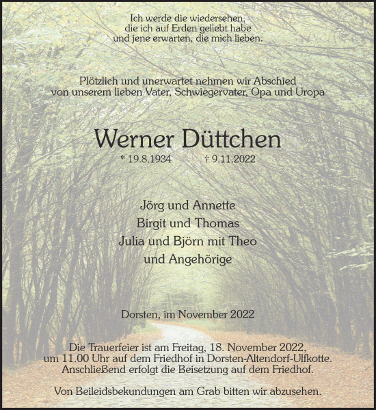 Traueranzeige von Werner Düttchen von Ruhr Nachrichten und Dorstener Zeitung